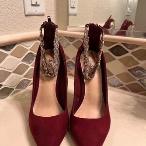 JustFab Deep Red Women's Heels with Rhinestone Ankle Strap